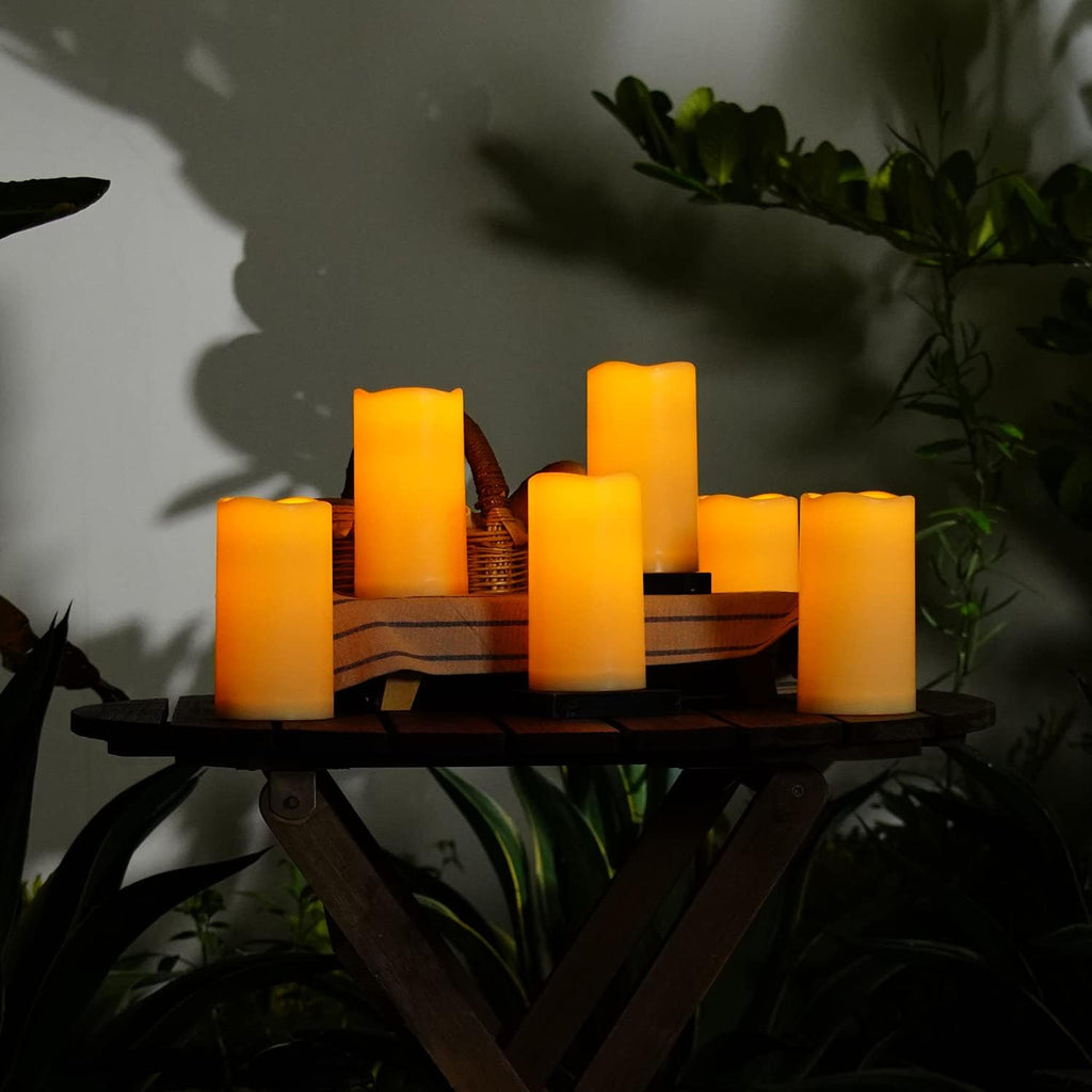 Amagic 3" x 6" Outdoor Waterproof Flameless Candles, Battery Operated Candles with Remote and Timer, Flickering Electric LED Pillar Candle for Outdoor Patio, Garden, Indoor Room Decor, Ivory, Set of 6