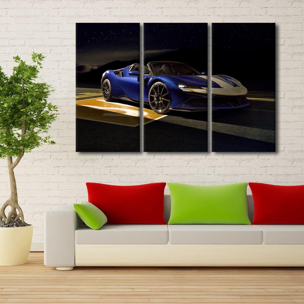 TUMOVO Blue Sports Car Under the Starry Sky Wall Art Painting on Canvas Supercar Bedroom Wall Art Modern Home Decor House Decorations for Living Room Pictures Stretched on Wooden Frame, 36" Wx24 H