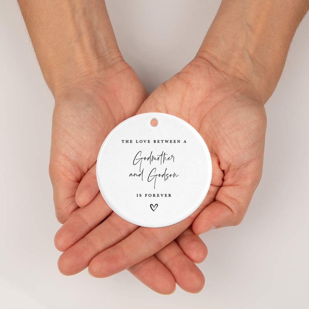 Andaz Press Round Ceramic Porcelain Christmas Tree Ornament Keepsake Collectible Godmother Gift, The Love Between A Godmother And Godson Is Forever, 1-Pack Godmother Ornament 2025 Godson Ornament 2025