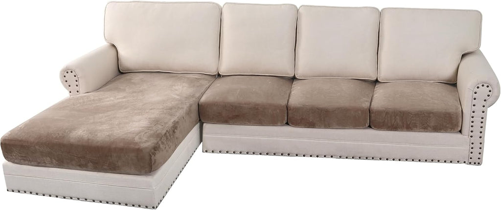 H.VERSAILTEX Velvet Stretch Sectional Couch Covers 4 Pieces Sofa Seat Cushion Covers L Shape Separate Cushion Couch Cover for Both Left/Right Sectional Couch (Large Sofa 3 Seater + 1 Chaise, Taupe)