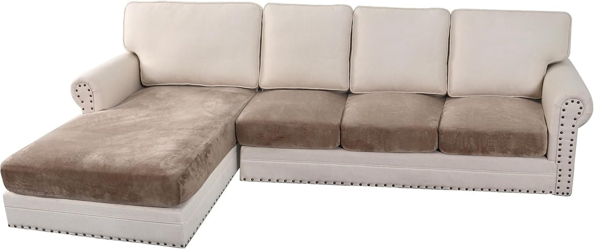 H.VERSAILTEX Velvet Stretch Sectional Couch Covers 4 Pieces Sofa Seat Cushion Covers L Shape Separate Cushion Couch Cover for Both Left/Right Sectional Couch (Large Sofa 3 Seater + 1 Chaise, Taupe)