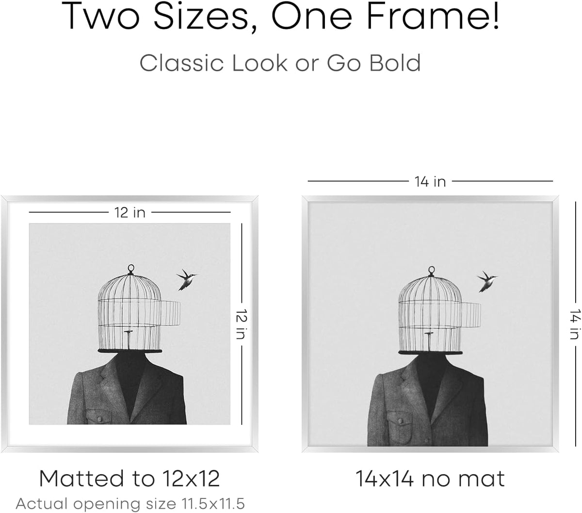 Homeforia Silver 14x14 Picture Frame, High End Metal 14 x 14 Square Frame with Mat 12 x 12 Photo, 14x14 Poster Frames Matted to 12x12 Print, 14 by 14 Hanging Frames, Tempered Glass, Wall Kit, Set of 1