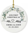 Andaz Press Personalized Our First Christmas As Mr. & Mrs. 2025 Christmas Ornaments Foliage Wreath 2.8" Round Porcelain Ceramic 1st Year Married Custom Ornament Keepsake for Newlyweds 1-Pack
