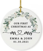 Andaz Press Personalized Our First Christmas As Mr. & Mrs. 2025 Christmas Ornaments Foliage Wreath 2.8" Round Porcelain Ceramic 1st Year Married Custom Ornament Keepsake for Newlyweds 1-Pack