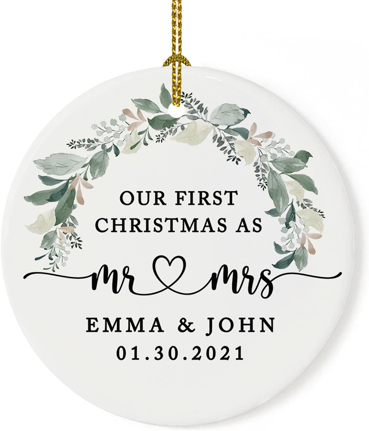 Andaz Press Personalized Our First Christmas As Mr. & Mrs. 2025 Christmas Ornaments Foliage Wreath 2.8" Round Porcelain Ceramic 1st Year Married Custom Ornament Keepsake for Newlyweds 1-Pack