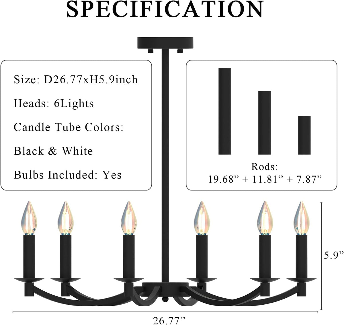 Modern Black Chandelier, Round LED Ceiling Hanging Lamp, Farmhouse Candle Pendant Light Fixtures for Bedroom Living Room Dining Room Kitchen Island (Black-A 6Lights)