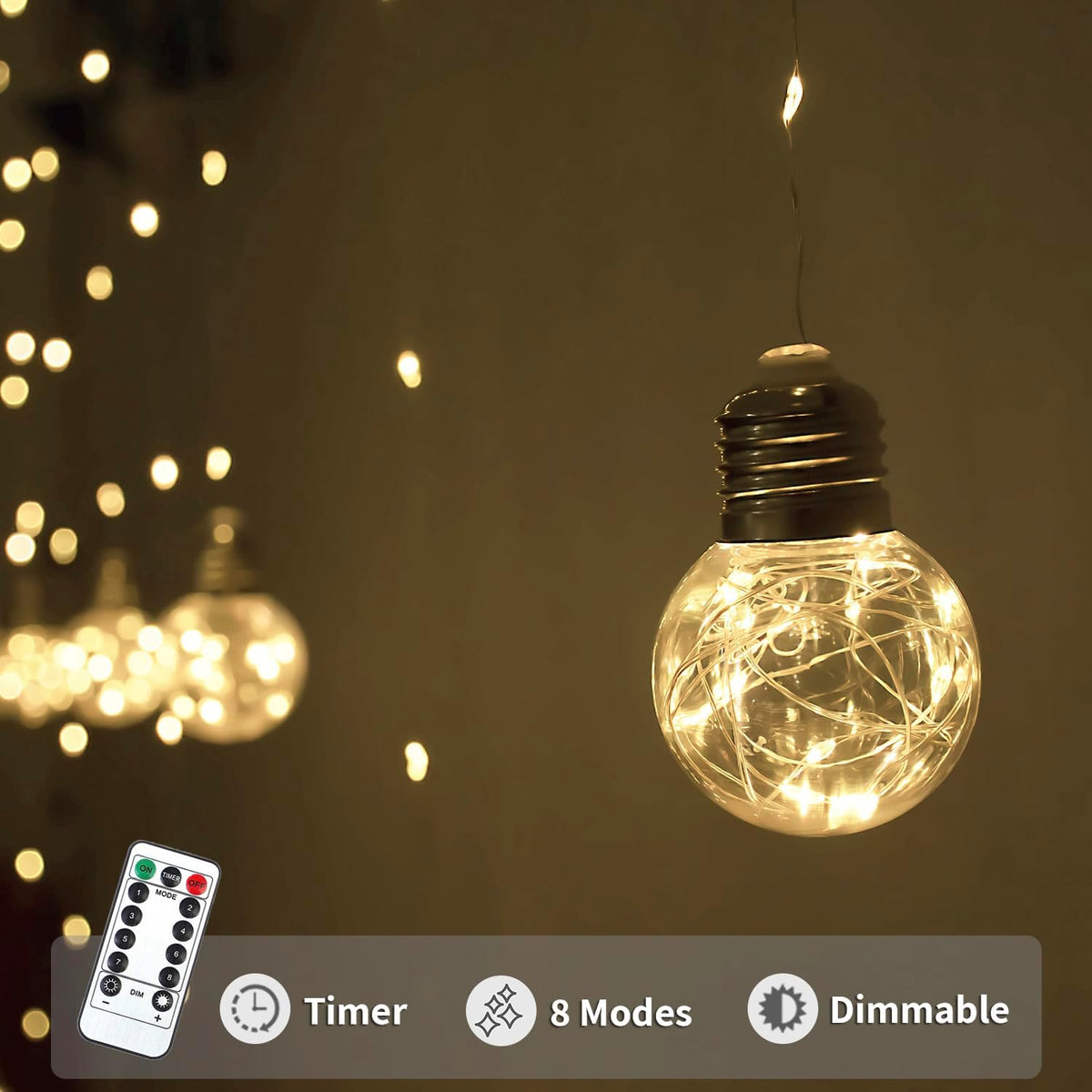 YOLIGHT Wishing Ball Curtain Lights 200 LED Window Curtain String Lights with Remote, USB Battery Powered Twinkle Globe Fairy Lights for Wedding Party Bedroom Christmas Decoration (Warm White)