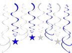 Party Star Swirl Decorations, Blue and Silver Foil Ceiling Hanging Star Swirl Decorations, Whirls Decorations for Birthday | Wedding | Anniversary | Graduation Party, Pack of 30