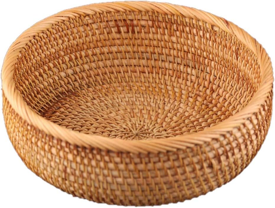 Hadewoven Round Rattan Fruit Basket Wicker Food Tray Weaving Storage Holder Dinning Room Bowl, 9 Inch Woven Bread Basket Key Bowls with 3.5”Wall for Table, Countertop (Medium 8.66")