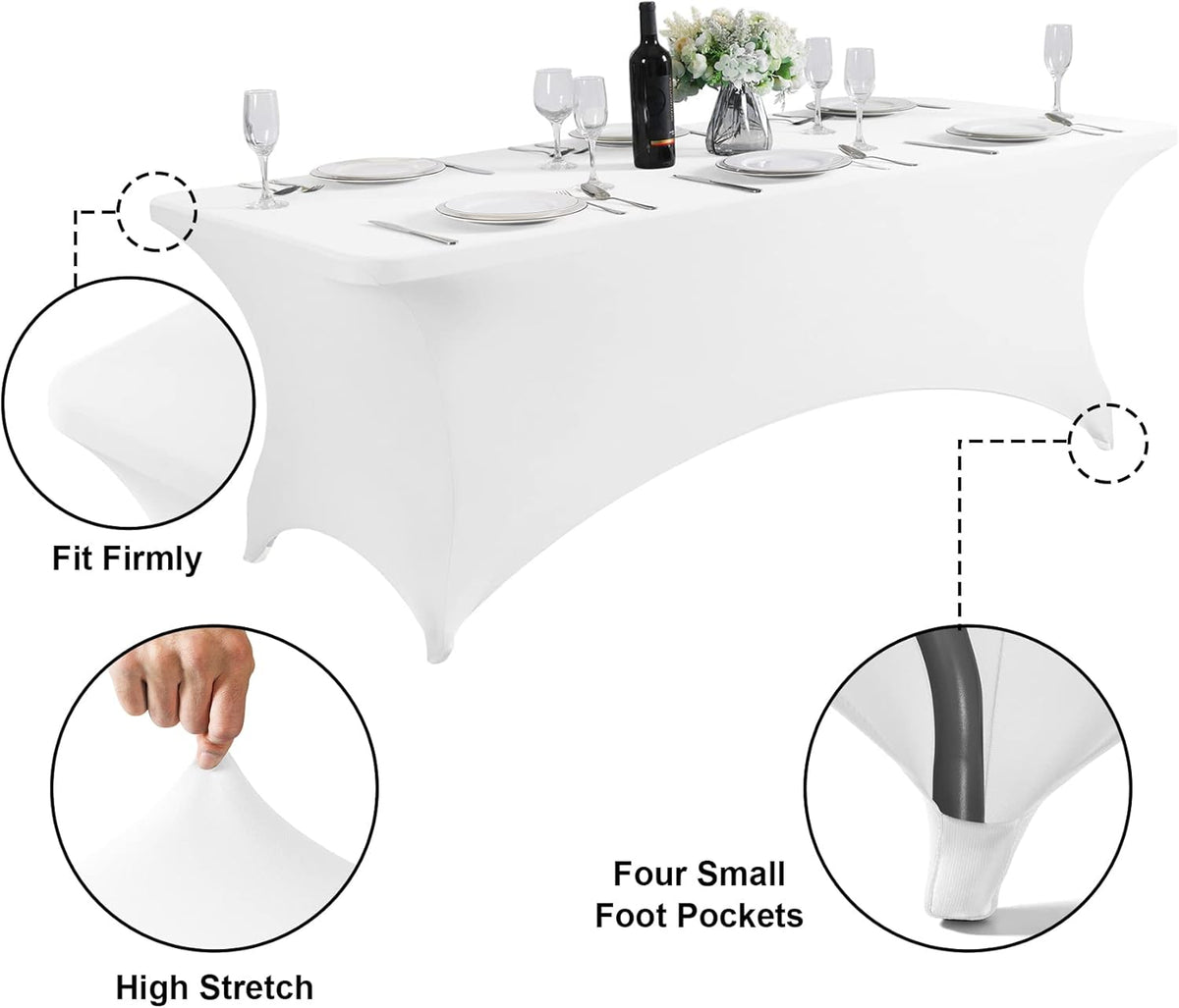 SuperO Waterproof Spandex Table Cover for 8FT Table Universal Fitted Stretch Tablecloth for Party, Banquet, Wedding and Events-White