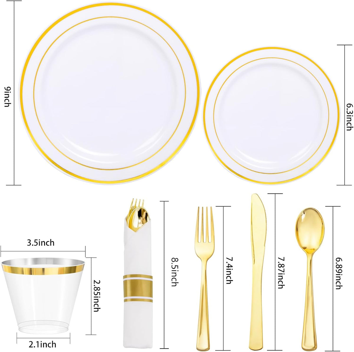 350Piece Gold Dinnerware Set for 50 Guests - Gold Plastic Plates with Disposable Cutlery Include:50Dinner Plates-50Dessert Plates-50Pre Rolled Napkins with Silverware for Thanksgiving