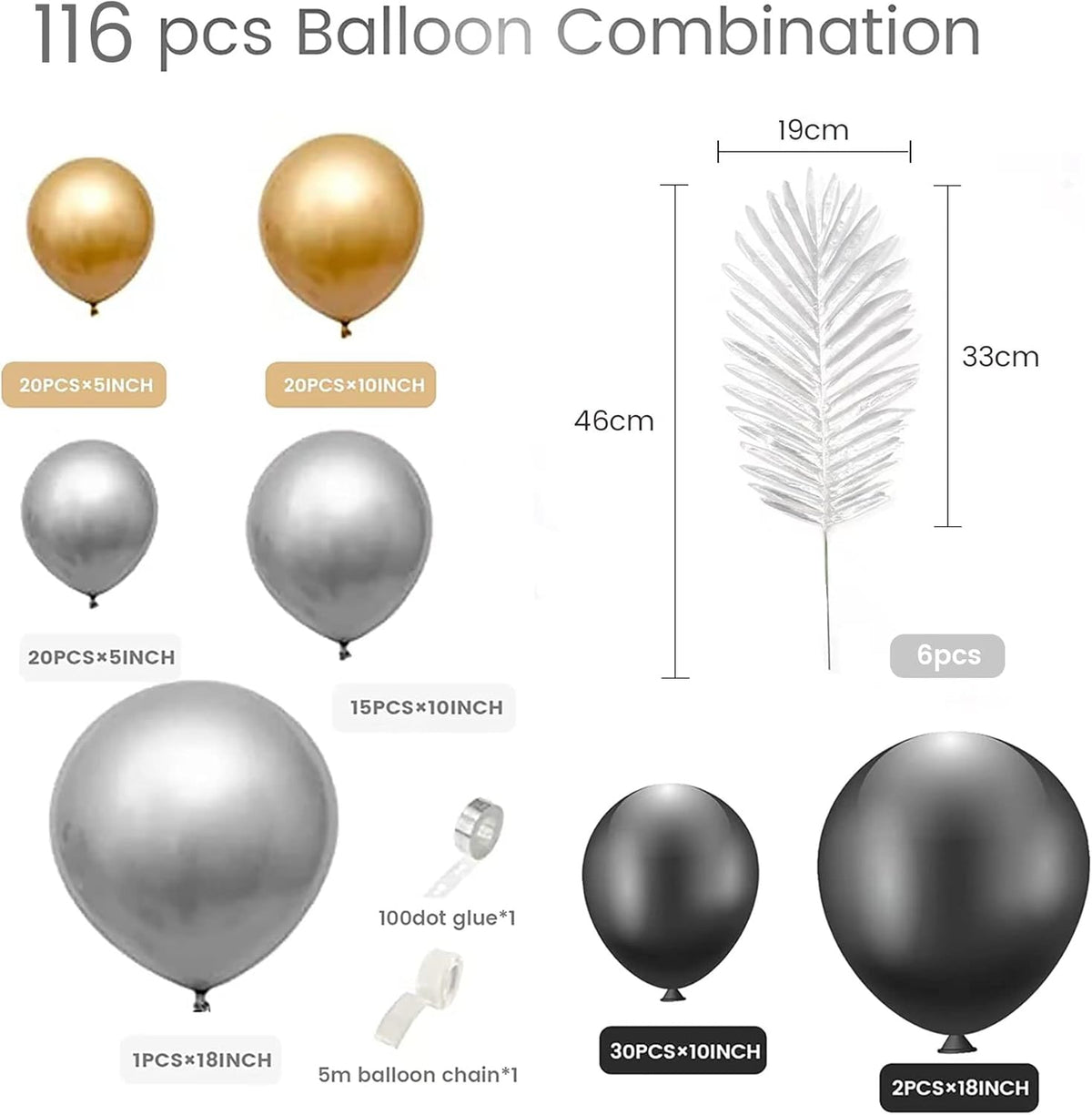 116pcs Black Gold Silver Chrome Balloon Garland Arch Kit for Gatsby Roaring 20s Birthday, New Year, Bachelorette, Graduation, Retirement Party Decorations