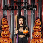 BRAVESHINE Tinsel Photo Backdrop Curtains - 2 Pack 3.2x8.2ft Black Red Foil Fringe Streamer Curtain for Halloweens, Lantern, Pumpkin, Home, Indoor or Outdoor Party Supplies Decorations