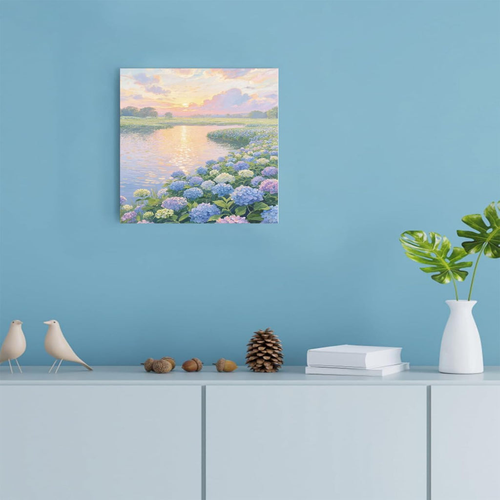 The hydrangea scenery all over the lake at sunset is suitable for posting in the living room bedroom office landscape poster wall painting