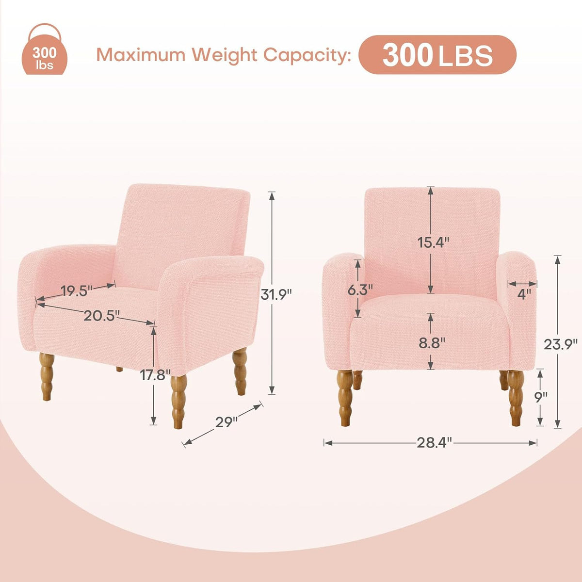 Chenille Fabric Accent Chair, Upholstered Armchair with Solid Wood Legs, Modern Living Room Accent Chair, Comfy Single Sofa Chair Reading Club Chair for Bedroom Reception Lounge, Pink