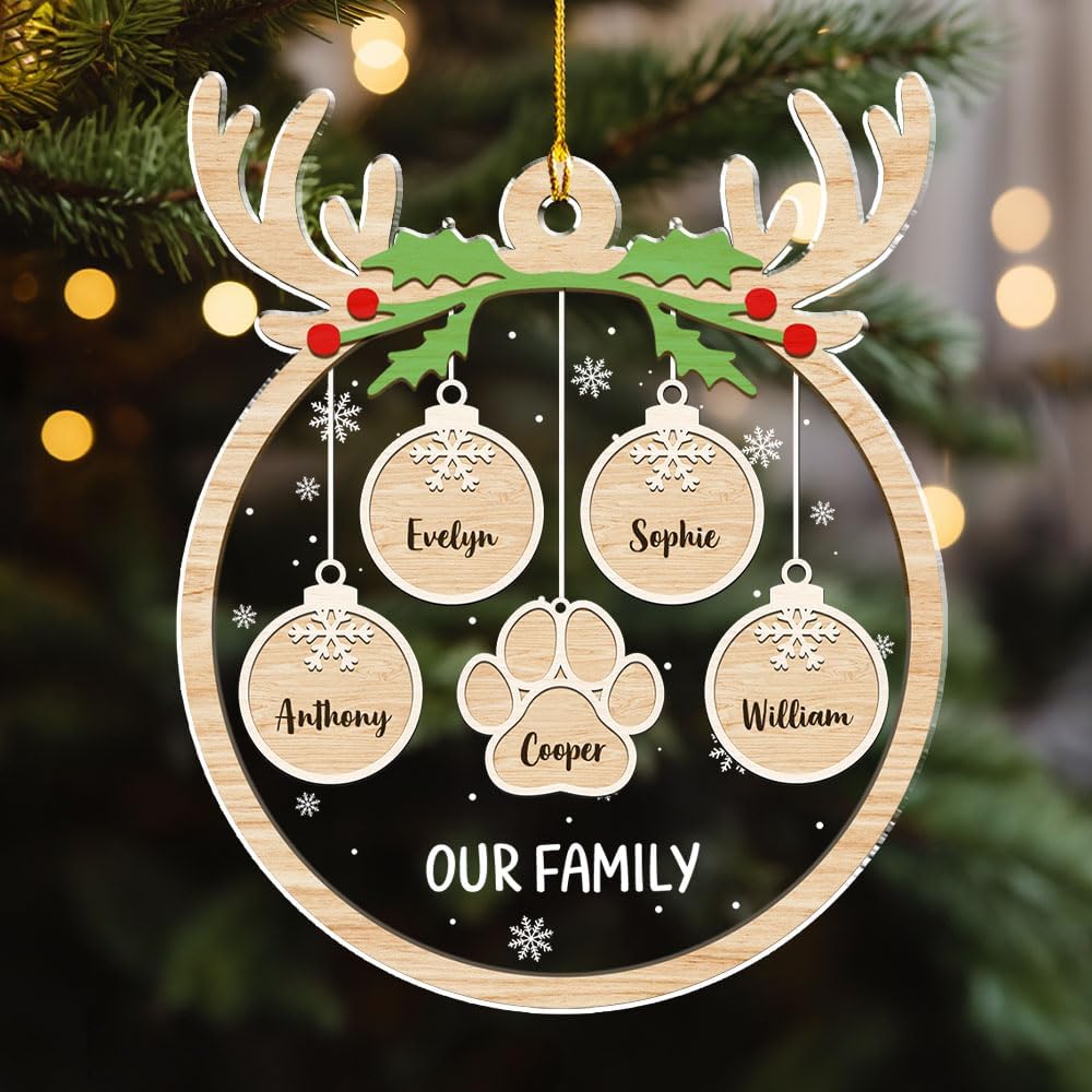 Personalized Family Christmas Acrylic Ornament 2024 - Custom Name Charms Family Members up to 10 People and Pets, Paw Charm Ornament Gifts for Family Tree Decoration (A01, 3 Names)