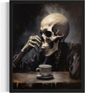 Skull Drinking Coffee Poster Art Print, Halloween Scary Vintage Wall Art Academia Spooky Painting Decoration for Horror Prints, Gothic Posters Bedroom Decor 89 (Skull Drinking Coffee, 8 x 10 inches, Black Frame)