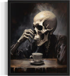 Skull Drinking Coffee Poster Art Print, Halloween Scary Vintage Wall Art Academia Spooky Painting Decoration for Horror Prints, Gothic Posters Bedroom Decor 89 (Skull Drinking Coffee, 8 x 10 inches, Black Frame)
