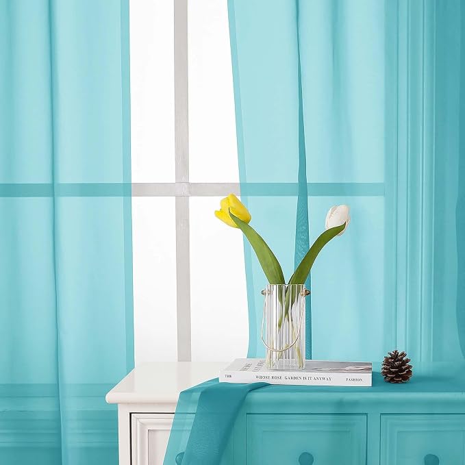 Aqua Sheer Curtains for Living Room 96 Inches Long 2 Pcs, Dual Rod Pockets - Image 7