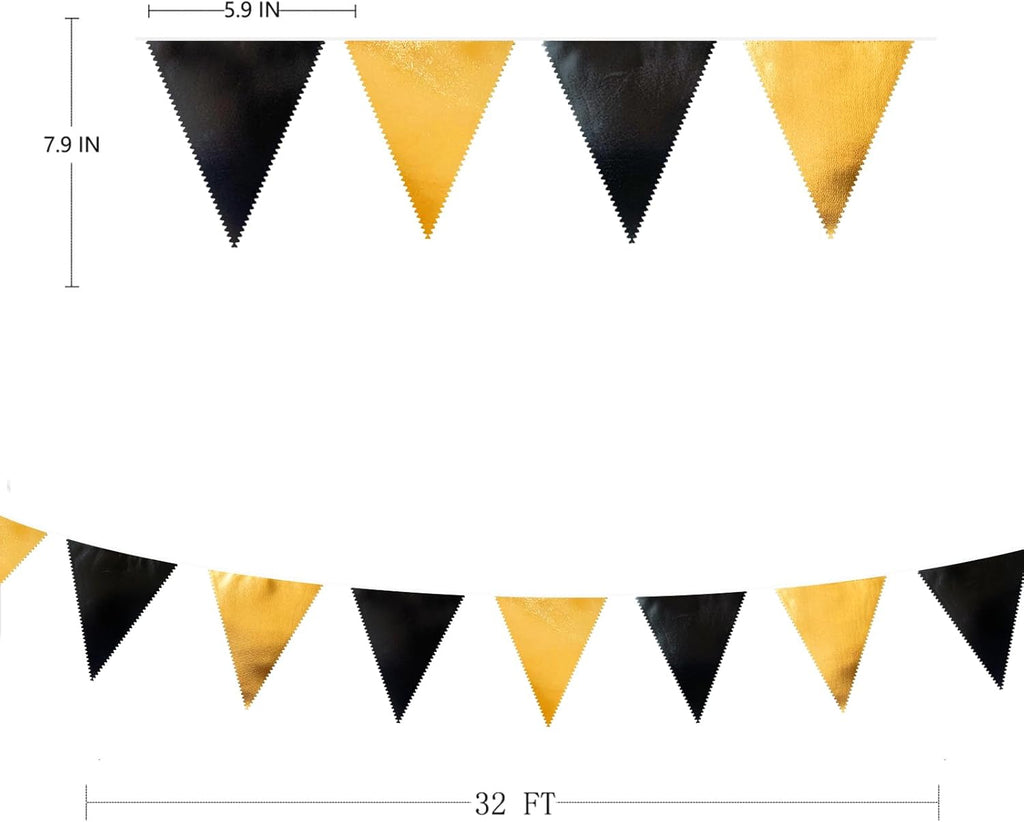 Black and Gold Party Decorations Triangle Pennant Banner Flag Metallic Fabric Bunting Garland for Birthday Graduation Anniversary Wedding Bachelorette Bridal Shower Engagement Hen Party Supplies