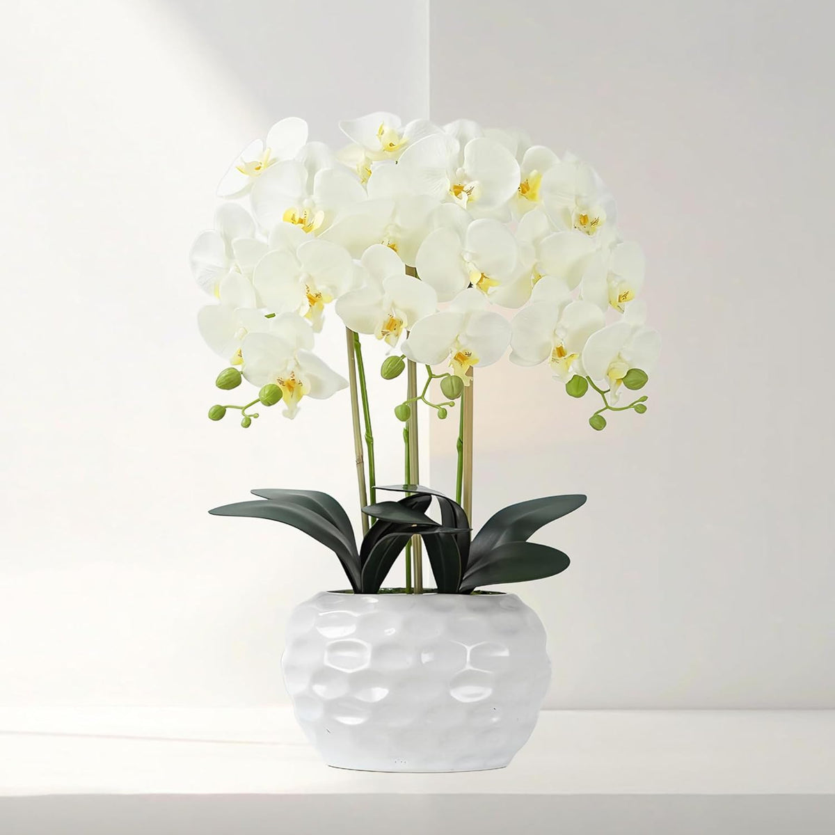 Orchid Artificial Flowers with White Vase Large Silk Faux Phalaenopsis Flowers for Dining Room Table Floral Centerpieces Indoor Decoration,White