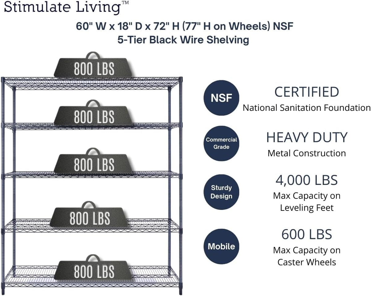 60"x18"x72" Prime Heavy Duty Black 5-Tier Wire Shelving NSF 4000 LBS MAX Capacity Storage Rack for Commercial, Hospital, School, Garage, and Kitchen Uses (with Wheels)