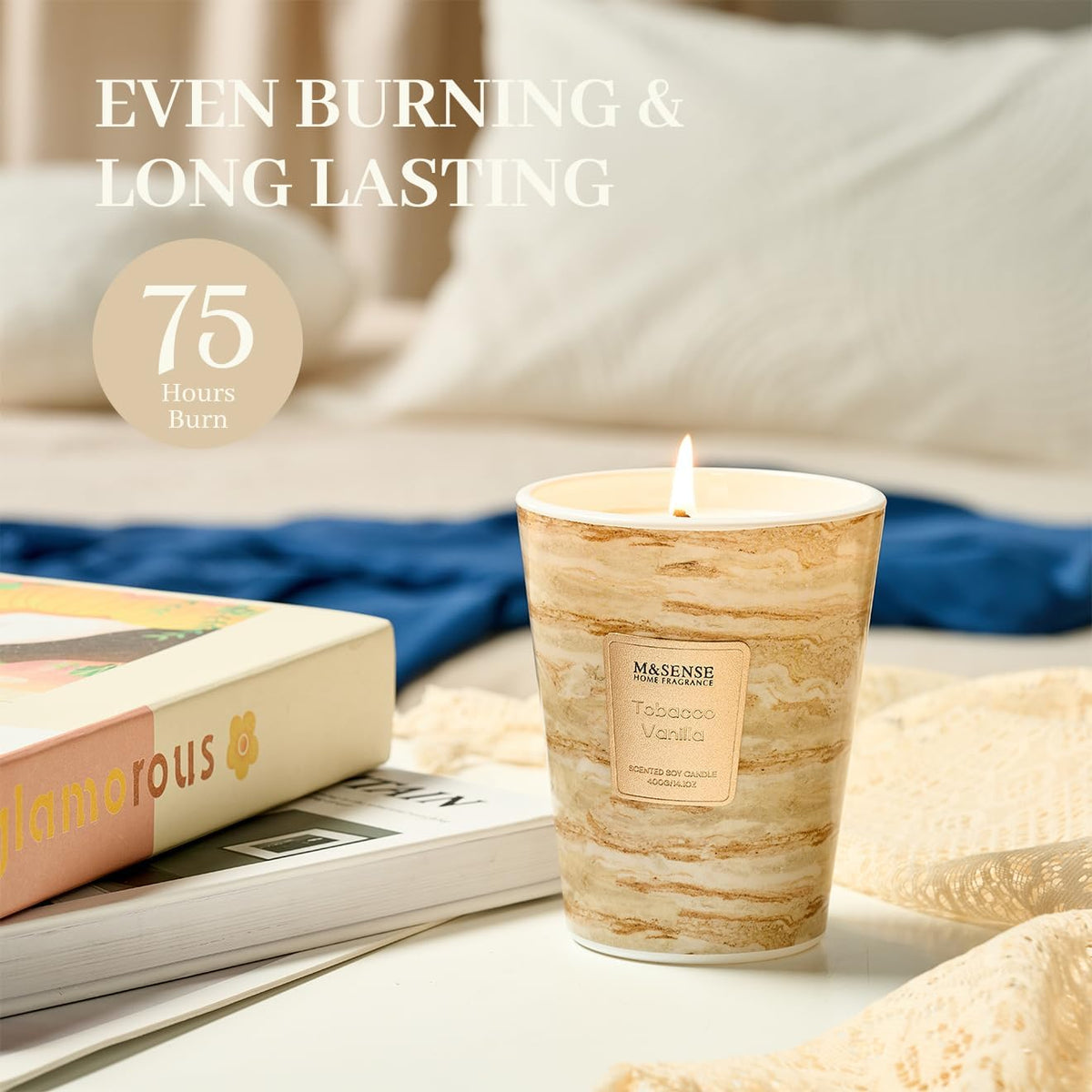 M&SENSE TobaccoVanilla Scented Candles for Home, Lead-Free Wick Highly Scented Jar Candles, 14.1 Oz 80 Hours Lasting Burning Candles Gifts for Women, Relaxing Aromatherapy Candle for Stress Relief