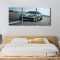 Wall Art Decor Painting on Canvas Gray Sports Car on the Road Pictures for Home Walls Speed Racing Cars Office Wall Art Framed 3 Pieces Supercar Modern Artwork for Living Room Bedroom, 36" Wx16 H
