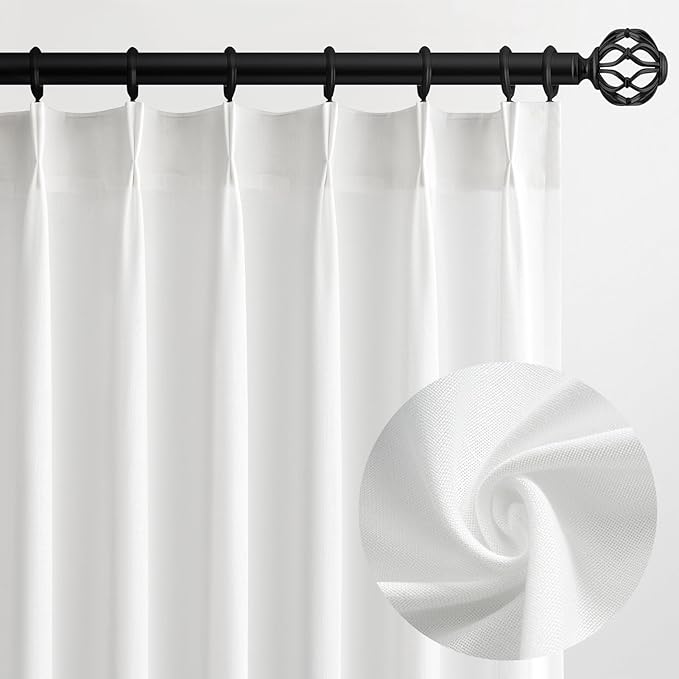 Topfinel White Pinch Pleated Semi Sheer Curtains Textured Linen Blended Light by Topfinel