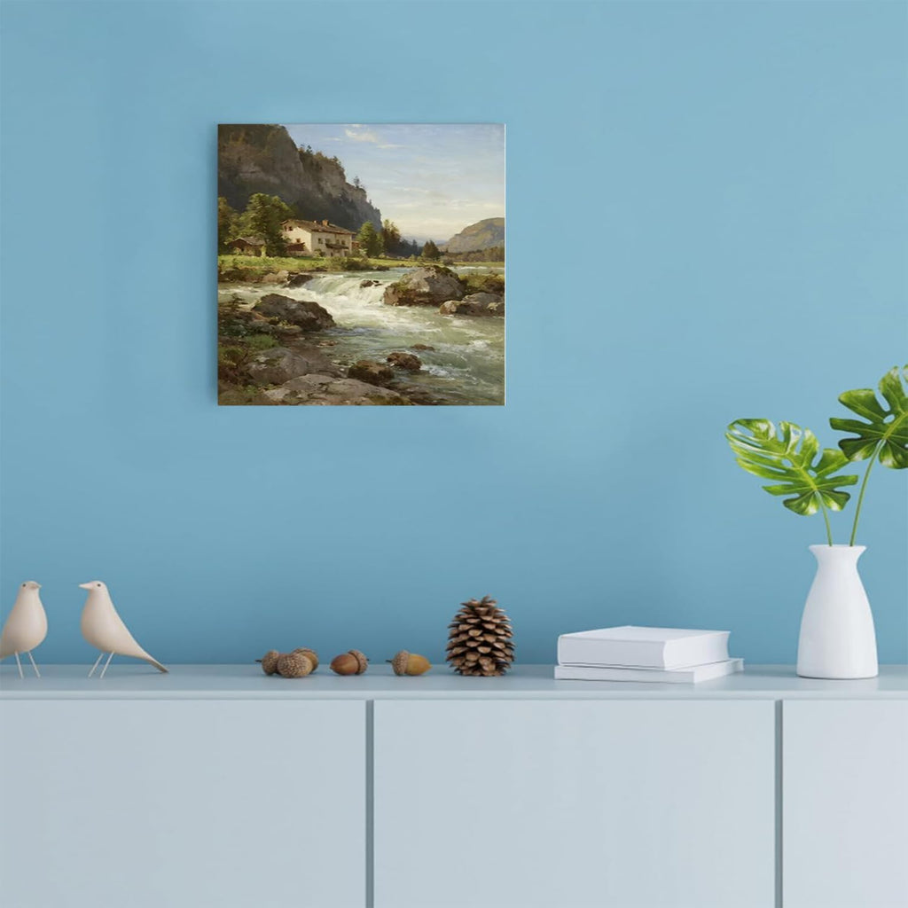 Vintage landscape rural scenery poster art farmhouse cottage wall decor living room kitchen quiet country stream suitable for bedroom bathroom