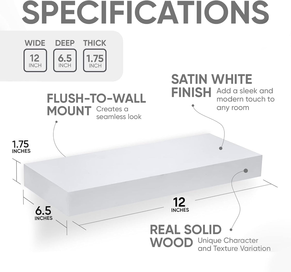 Homeforia White Floating Shelf 12 inch, High End Solid Real Wood Small 12inch Floating Shelves for Wall Mounted, White Wooden 12 in Floating Shelves, Heavy Duty Bracket, 12 X 6.5 X 1.75 inch, Set of 4