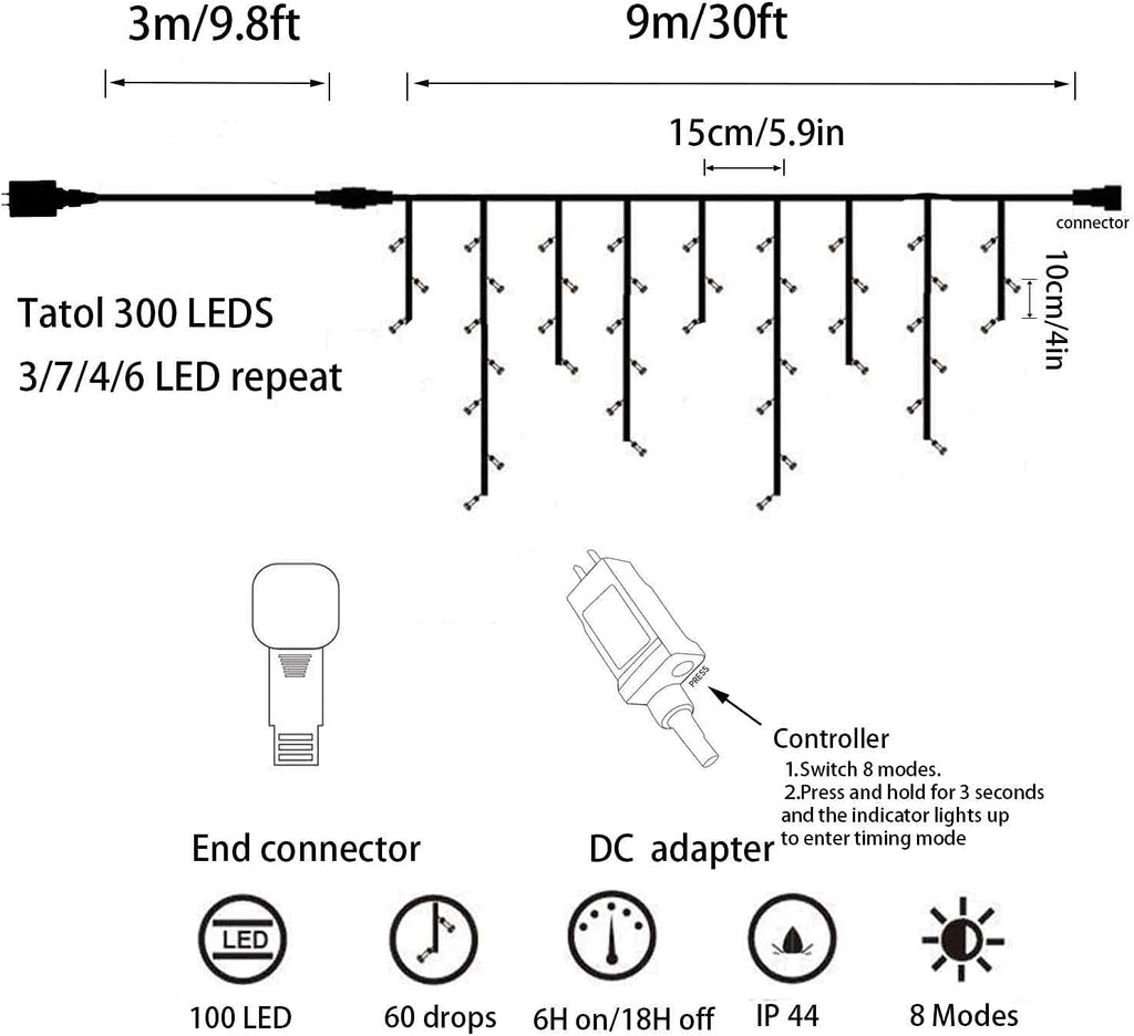 YASENN 300Led Icicle Style String Lights 29.5FT,Update Connectable 8 Lighting Modes with Timer Icicle Lights for Home Garden Outdoor Indoor Eave Decor (Cool White LED White Cable)
