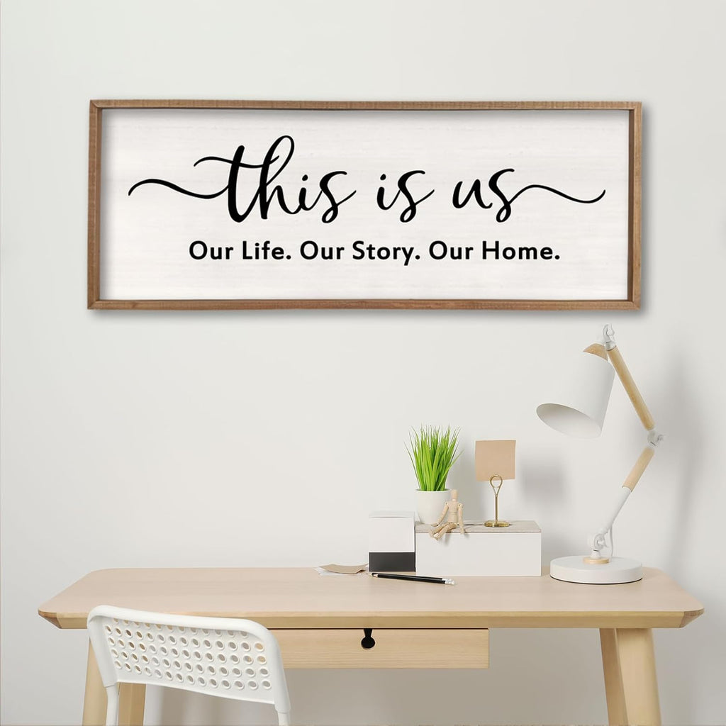 This is us Wall Decor Sign 32'' x 12'' Large Master Bedroom Home Life Story Wood Framed Vintage Family Sign Rustic Plaque Living Room Minimalist Farmhouse Hanging Wall Art (Wood)