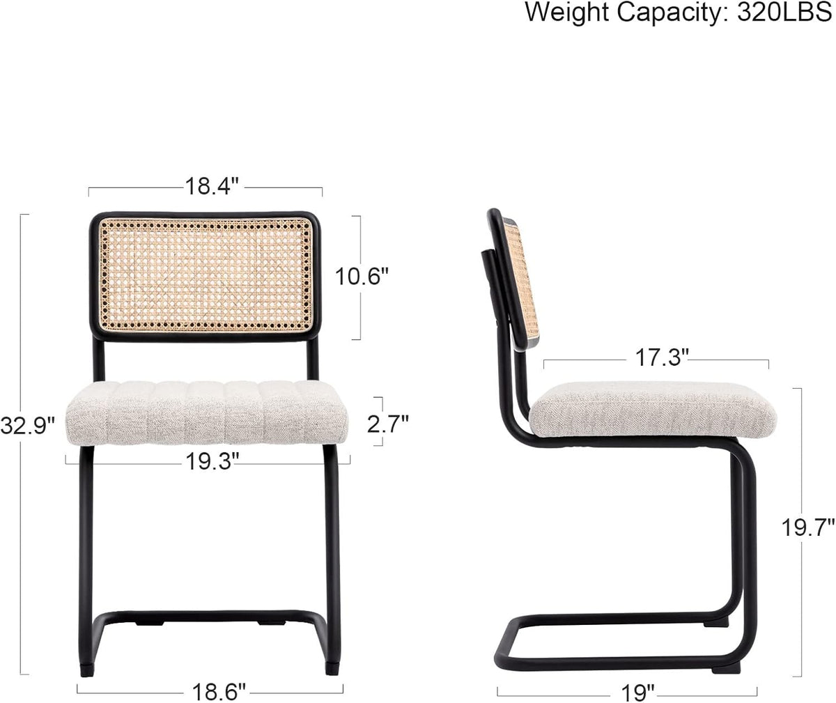 Natural Rattan Dining Chairs Set of 2, Modern Kitchen Chairs with Solid Wood Back, Upholstered Cesca Side Chairs with Comfy Linen Cushion