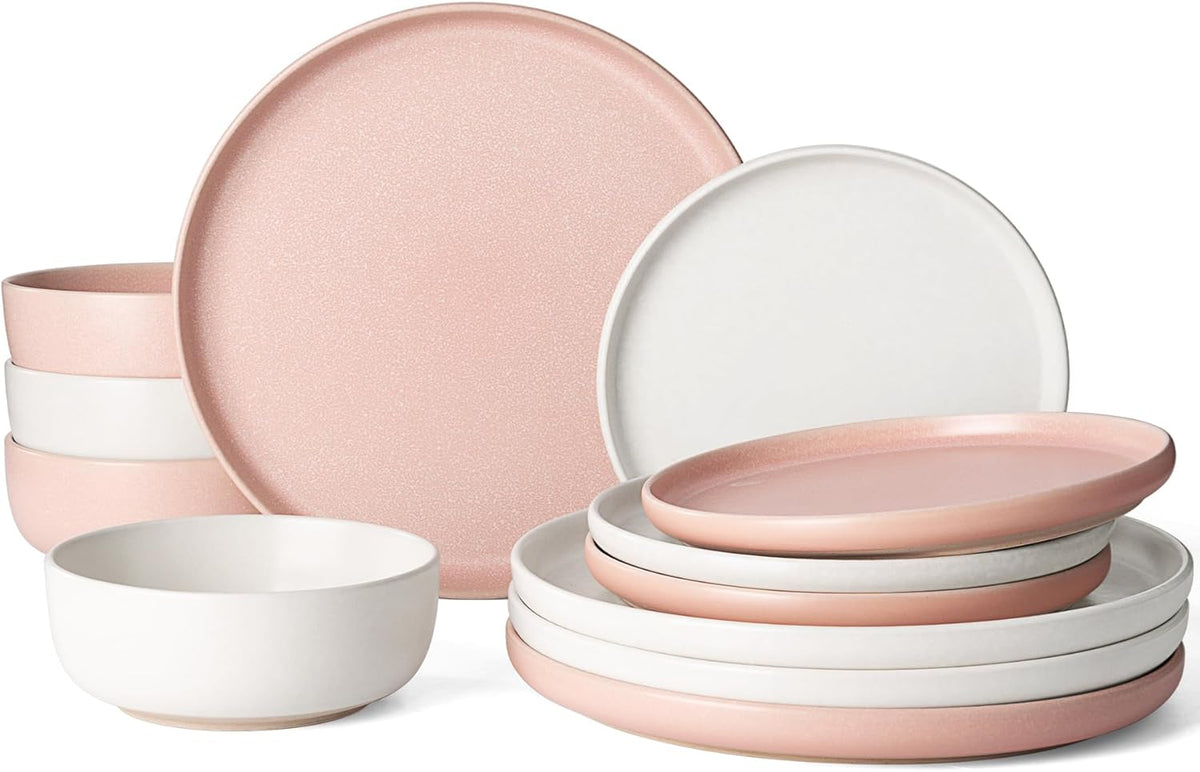 Famiware Milkyway Plates and Bowls Sets, 12 Pieces Dinnerware Sets, Reactive Glaze Dish Set, Stoneware Dishes Set for 4, Matte White & Light Pink