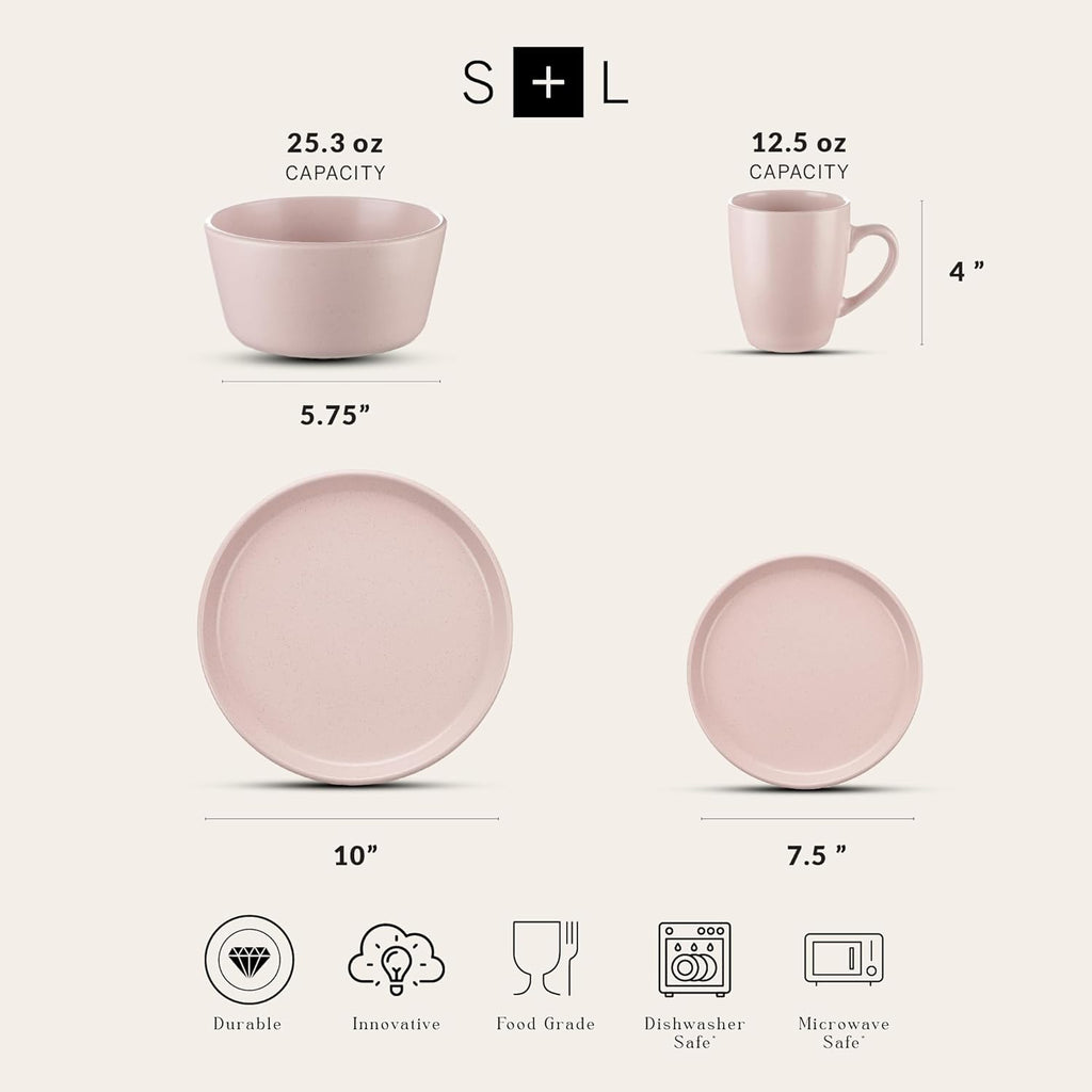 Stone Lain Albie Stoneware 16-Piece Modern Dinnerware Set, Kitchen Plates and Bowls Sets, Dish Set for 4, Pink