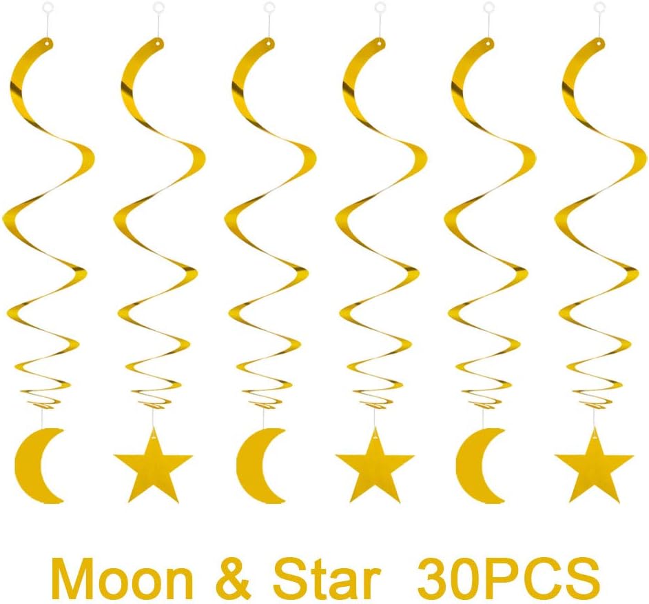 Party Star Moon Swirl Decorations, Gold Ceiling Hanging Swirl Decorations with Star Moon, Whirls Decorations for Birthday | Wedding | Anniversary Party Supplies, Pack of 30