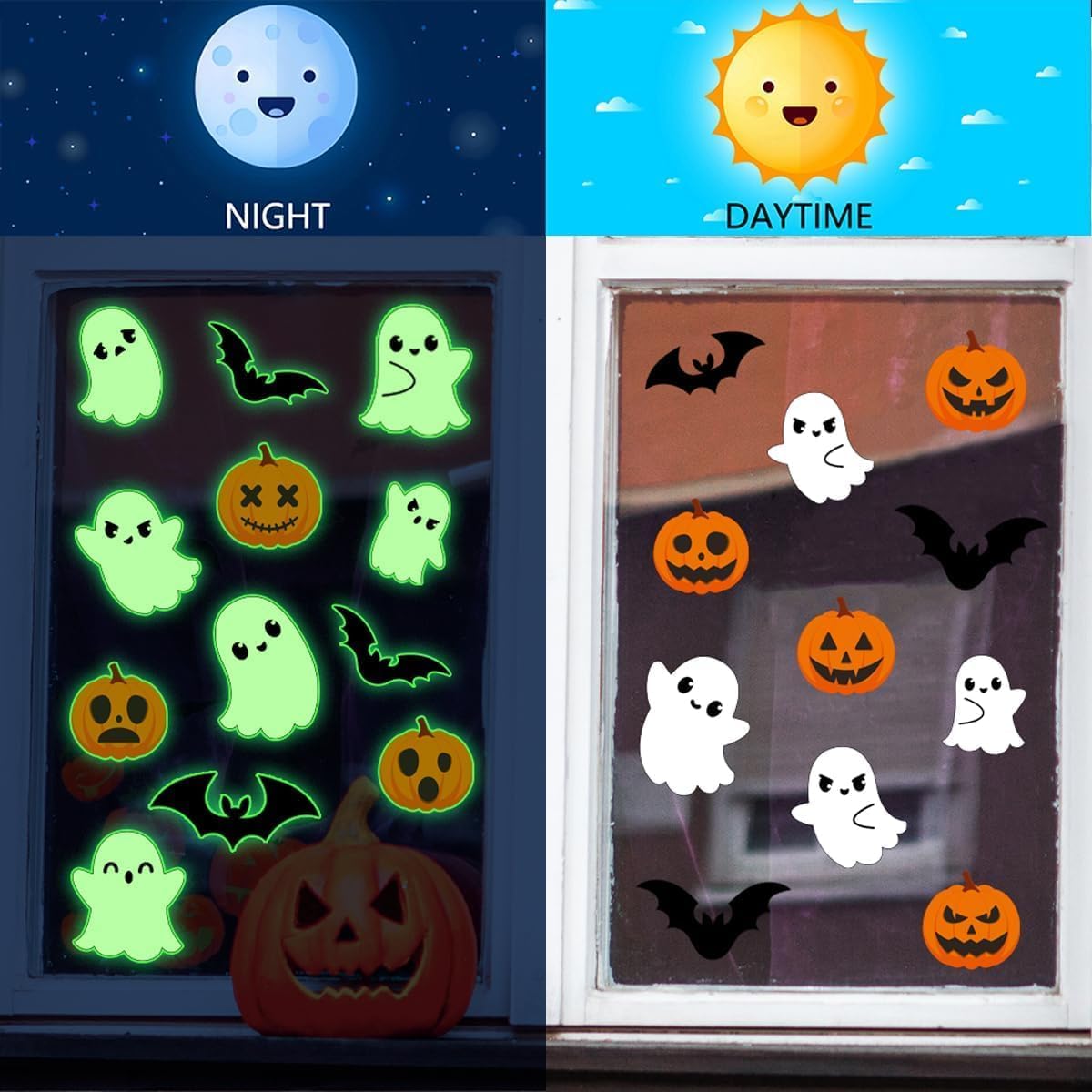 3 Sheets Glow in The Dark Halloween Window Clings Luminous Halloween Window Stickers Pumpkin Ghost Wall Decor Glowing Window Clings for Scary Halloween Theme Party Decorations