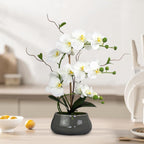 White Orchid Artificial Flowers with Gray Vase Large Silk Faux Phalaenopsis Flowers for Dining Room Table Floral Centerpieces Indoor Decoration