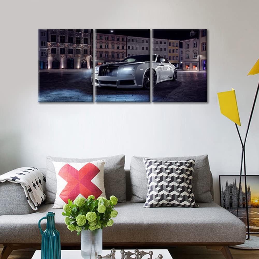 White Car Poster Pictures for Living Room Famous Sports Car Canvas Wall Art House Decor Super Car in the Square Modern Office Wall Decor Framed Large Wall Art for Home Men Boys Bedroom, 36" Wx16 H