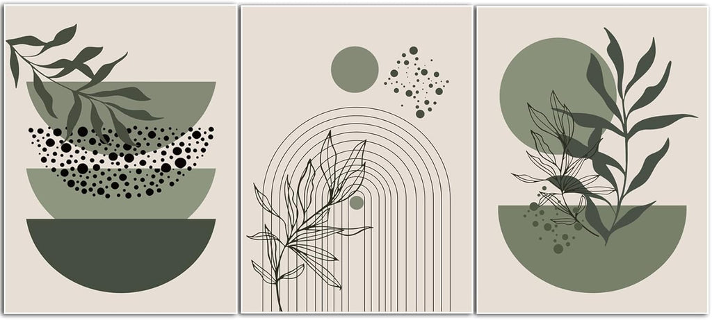 Sage Green Boho Wall Art Set of 3 Abstract Minimalist Geometric Line Poster Green Botanical Leaf Canvas Prints Modern Artwork Painting Decor for Living Room Bedroom Office 16x24 in Unframed