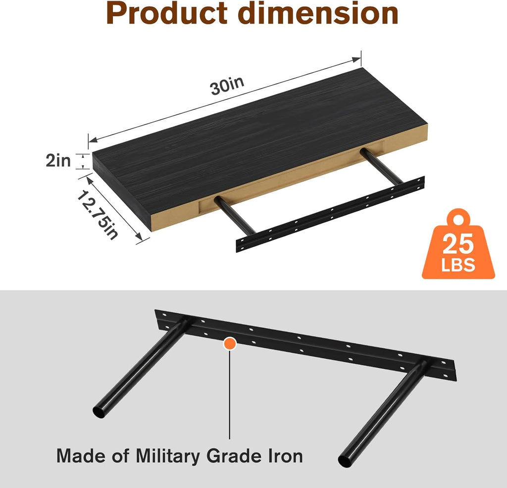 Large Floating Shelves for Wall Set of 2 Wooden Wall Shelves 30 in x 12.75 in x 2 in Room Decor Long Shelf with Invisible Wall Mount Bracket for Bedroom Kitchen Living Room Black Wood