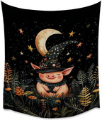 Whimsical Witch Pig Tapestry Wall Hanging Cute Farmhouse Animal Tapestry Aesthetic Moon and Stars Pictures Print Cottagecore Witchy Halloween Artwork Tapestries Decor for Living Room Bedroom 30x40inch