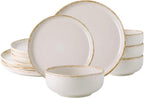 AmorArc Ceramic Dinnerware Sets, Wavy Rim Stoneware Plates and Bowls Sets, Highly Chip and Crack Resistant | Dishwasher & Microwave Dishes set, Service for 4 (12pc)-Speckled Cappuccino White