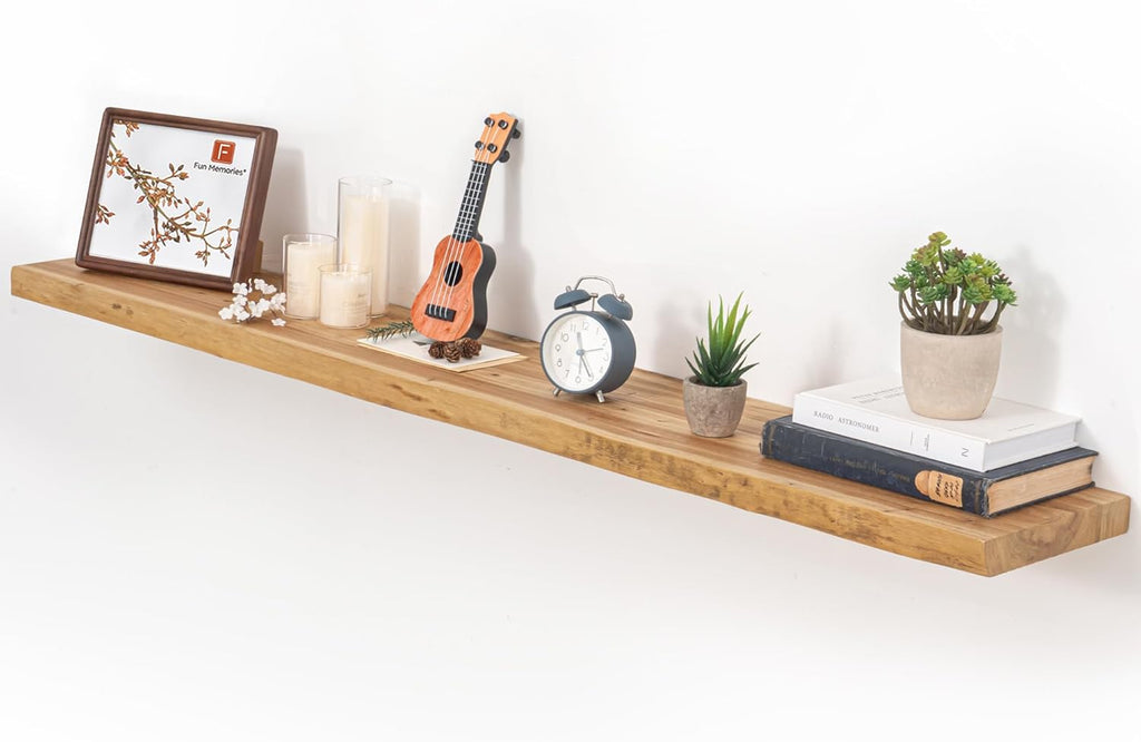 Floating Shelves for Wall, 48"x9.3" Rustic Solid Live-Edge Elm Wood Wall Shelves, Heavy-Duty Floating Shelves with Invisible Brackets for Living Room, Bedroom, and Kitchen, Natural Finish
