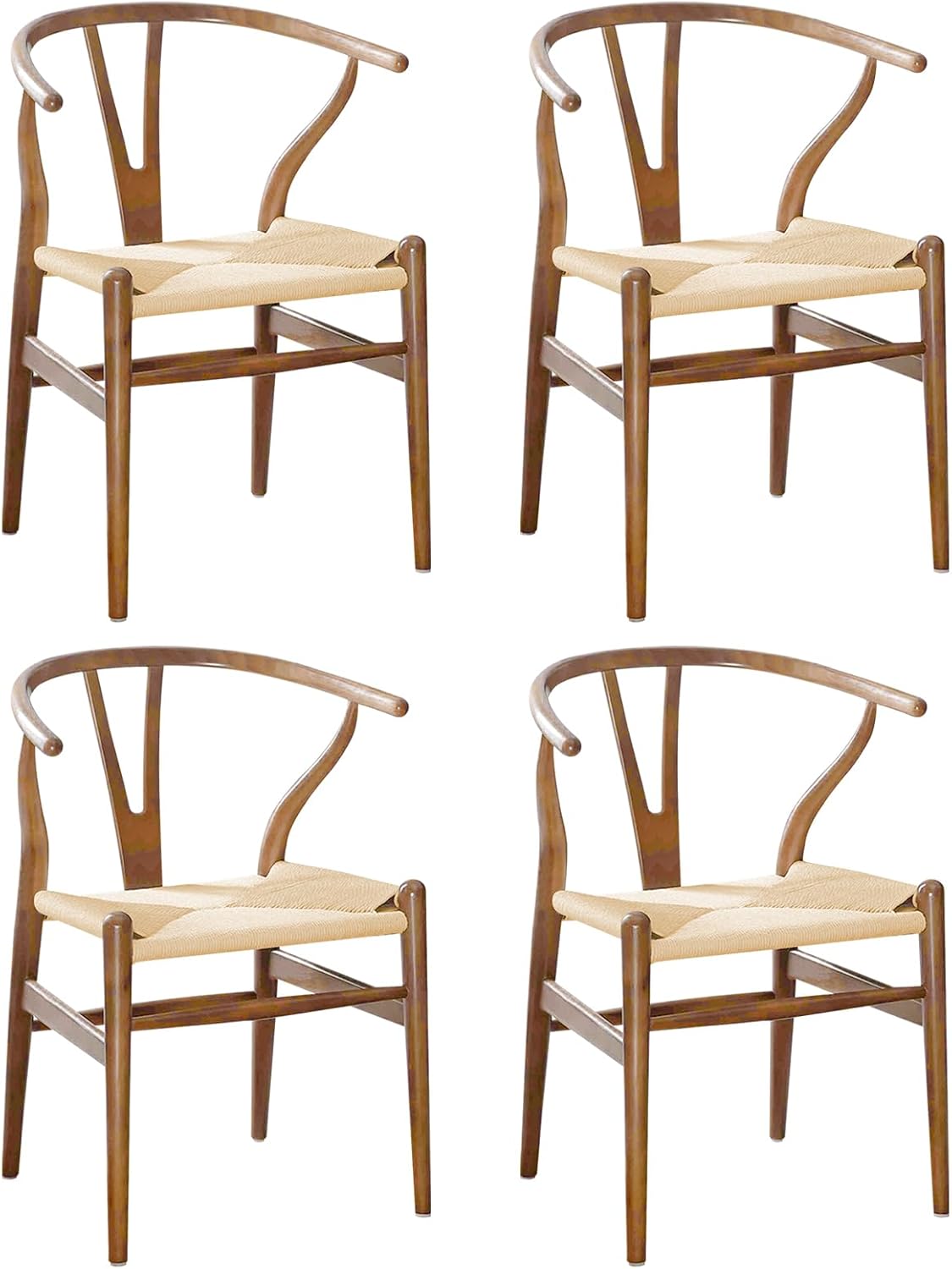 Wishbone Chair Natural Solid Wood Dining Chair/Hans Vegner Y Chair Rattan and Wood Accent Armrest Chairs Set of 4(Ash Wood - Walnut)