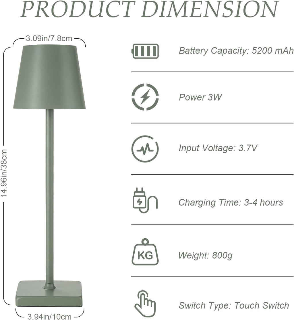 HASUN 2 Pack Cordless Table Lamp, Portable LED Desk Lamp, 5200mAh Battery Operated Lights, 3 Color Stepless Dimming Up, Night Light for Bedroom/Date/Bars/Cafe/Camping (Green 2Pack)