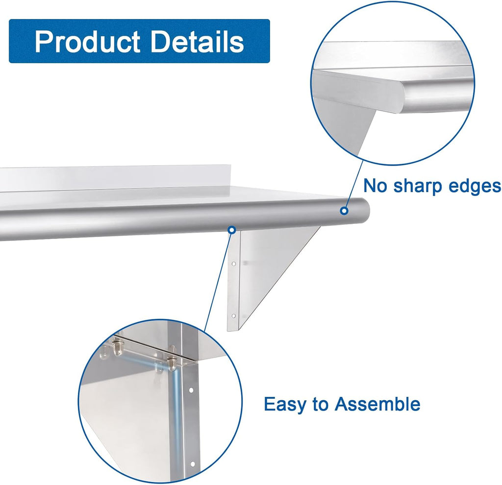 HARDURA Stainless Steel Shelf 18" x 60", 450lb Commercial Shelves Wall Mount Metal Shelving with Backsplash and Brackets for Kitchen, Restaurant, Laundry Room and Home