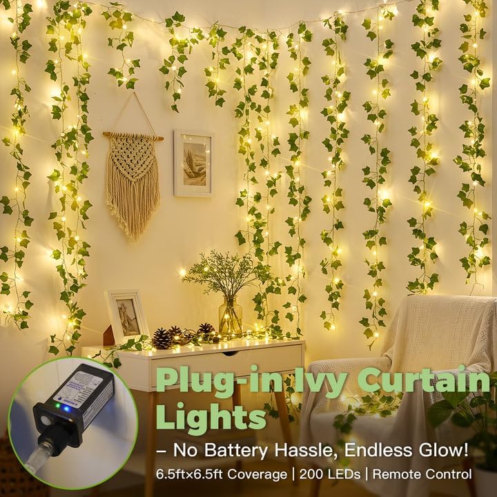 suddus 200 LED Vine with Light Plug in, 6.5ft x 6.5ft Ivy Fairy Curtain Lights with Remote, Leaf Fairy Lights for Wall,Bedroom, Dorm, Wedding, Party, Indoor Decor(Warm White)