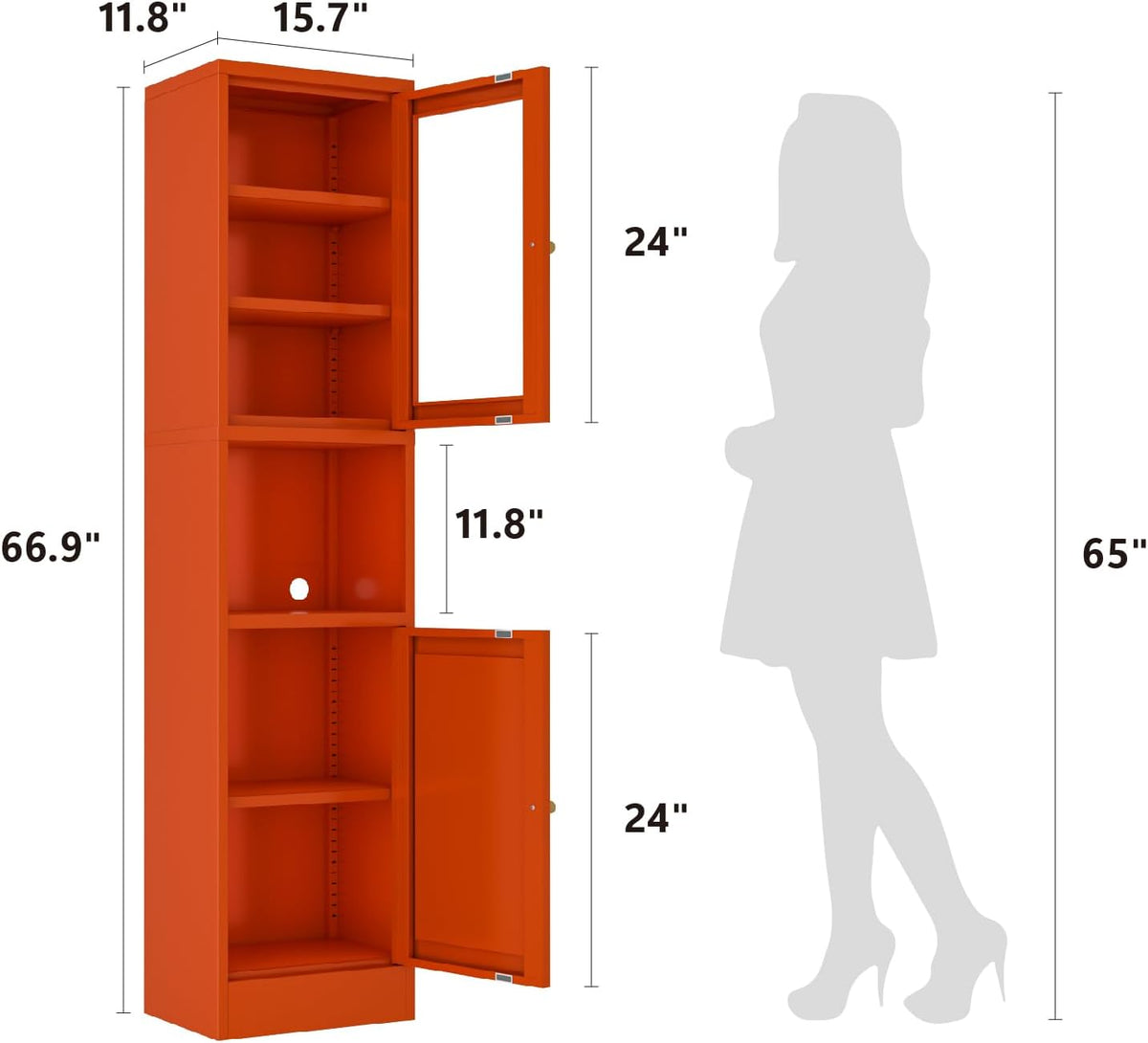 67" Tall Bathroom Storage Cabinet, Narrow Metal Floor Cabinet with Glass Door and Adjustable Shelves, Freestanding Metal Locker for Laundry, Kitchen, Dining Room